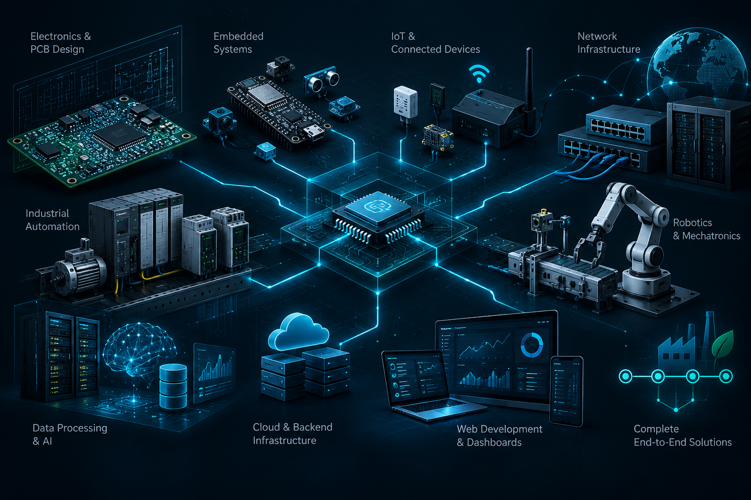Ahmed Khadrane engineering capabilities including embedded systems, electronics, networking, automation and software development